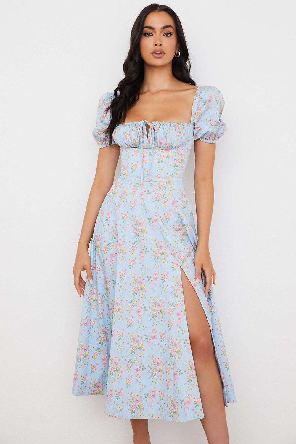 Midi sundress with floral puff sleeves