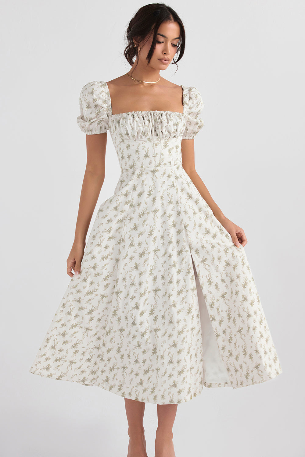 Midi sundress with floral puff sleeves
