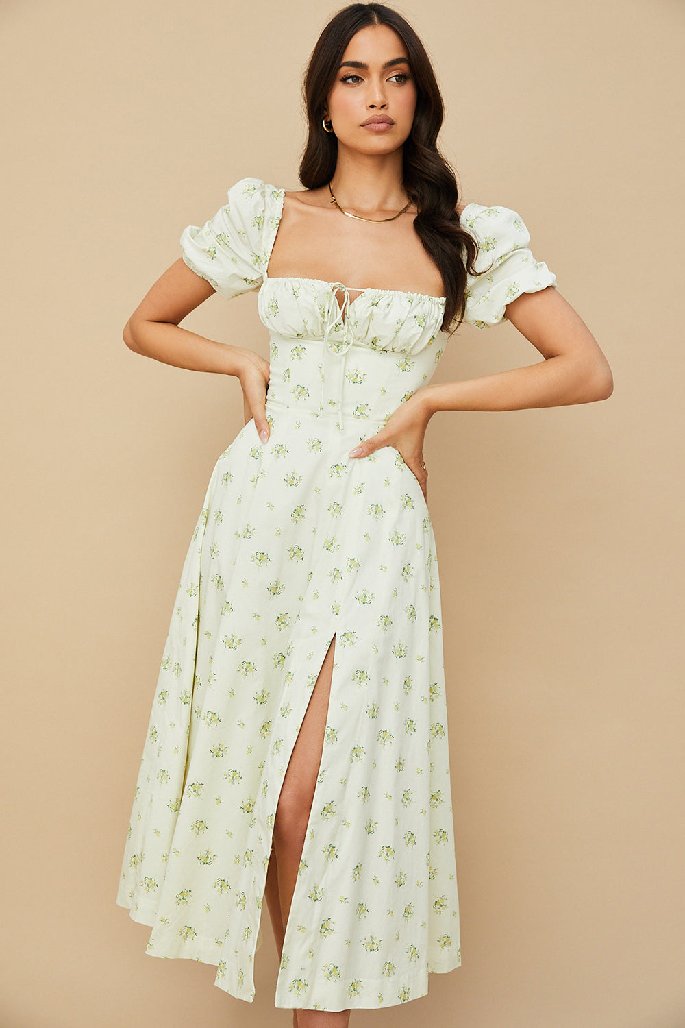 Midi sundress with floral puff sleeves