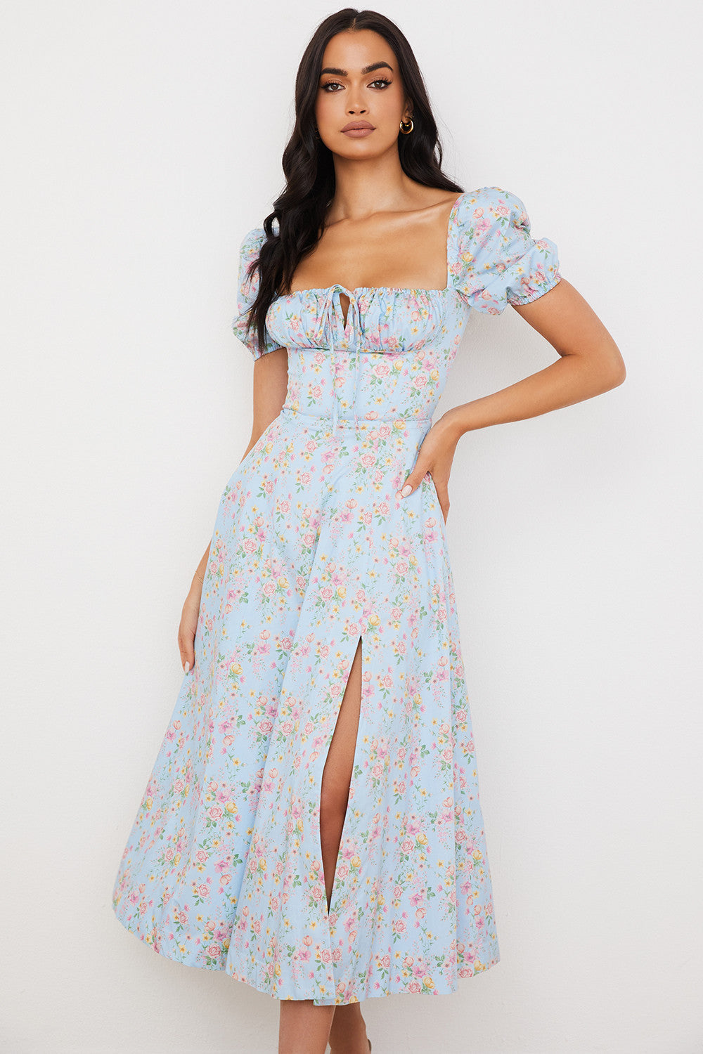 Midi sundress with floral puff sleeves