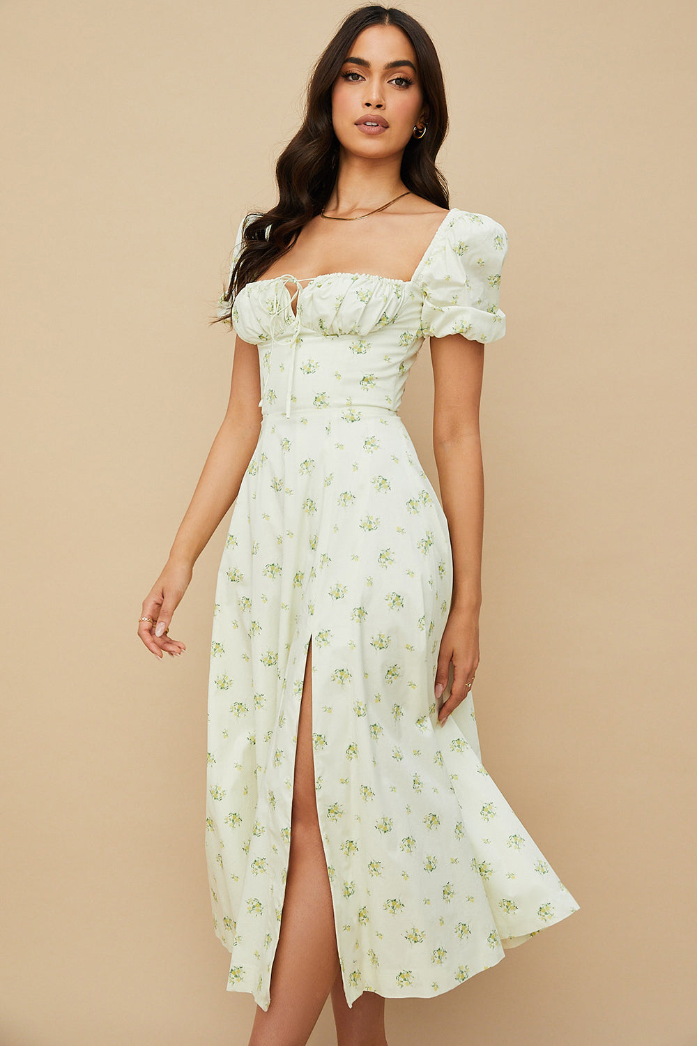 Midi sundress with floral puff sleeves