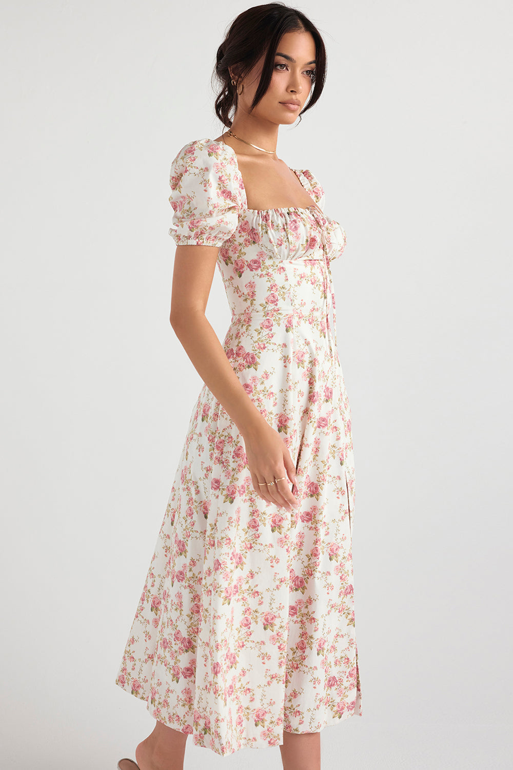 Midi sundress with floral puff sleeves