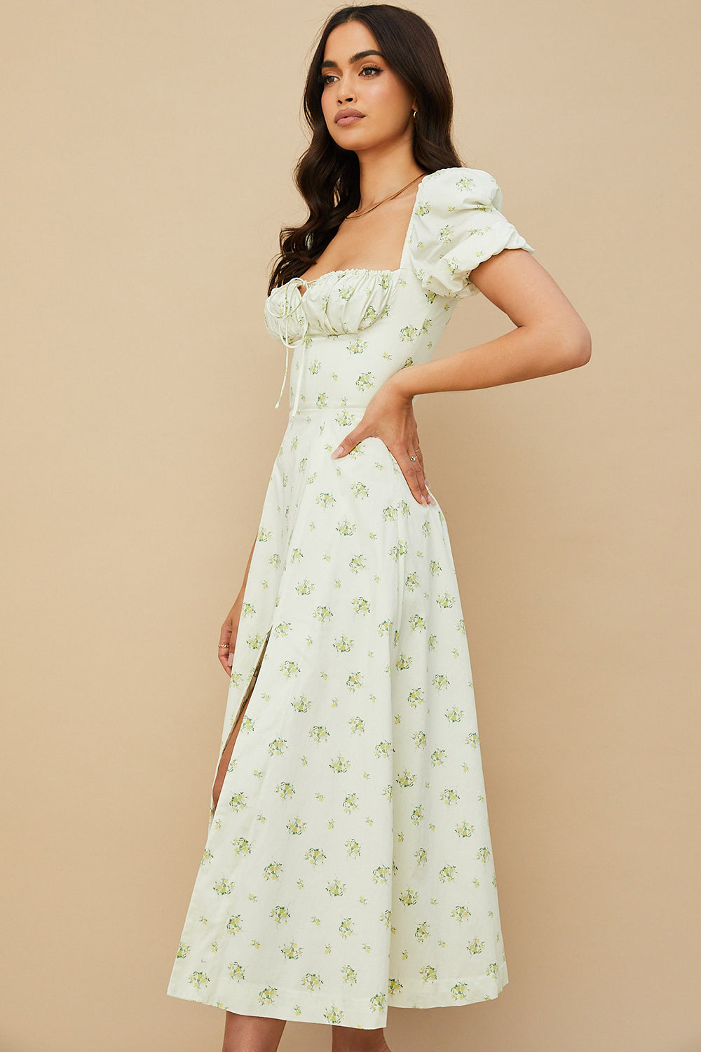 Midi sundress with floral puff sleeves