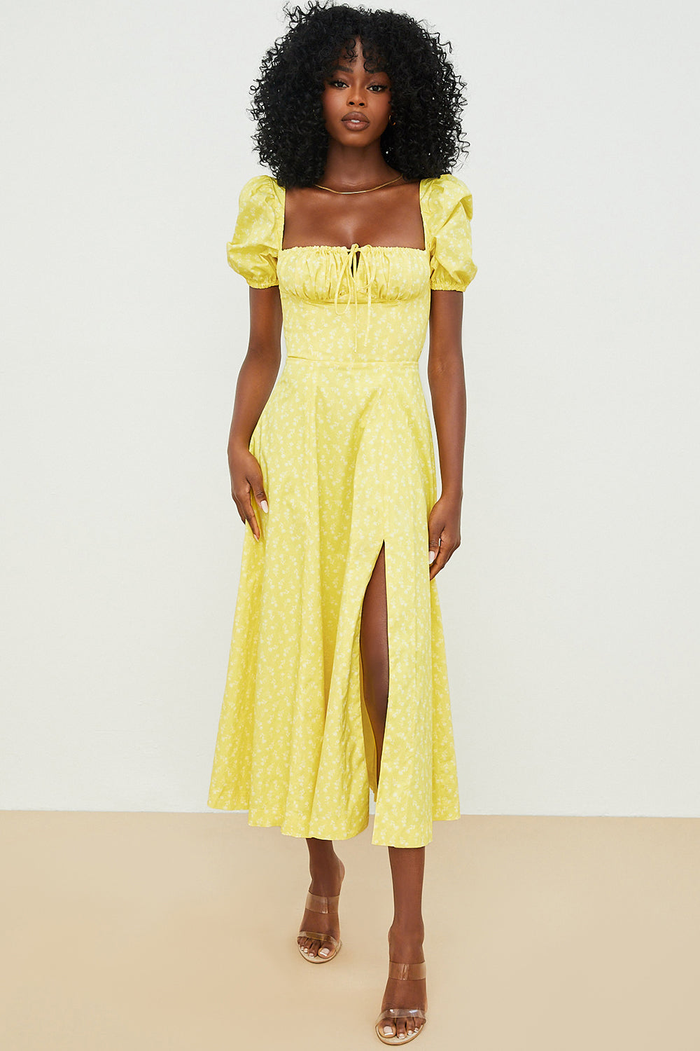 Midi sundress with floral puff sleeves