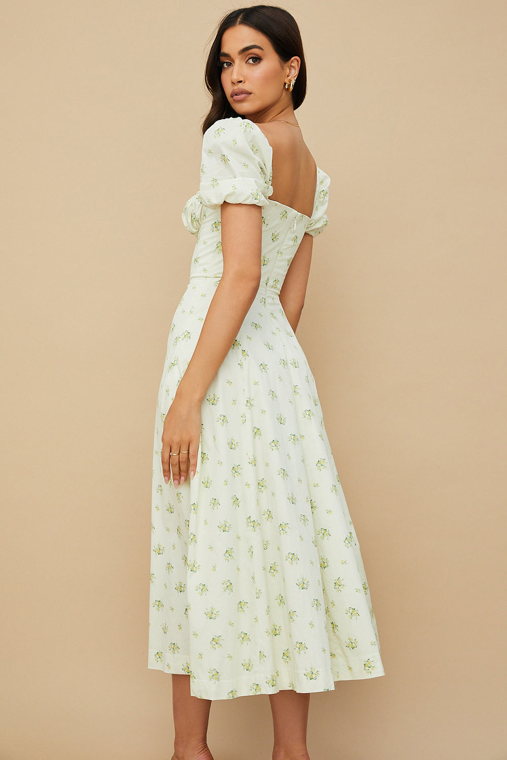 Midi sundress with floral puff sleeves