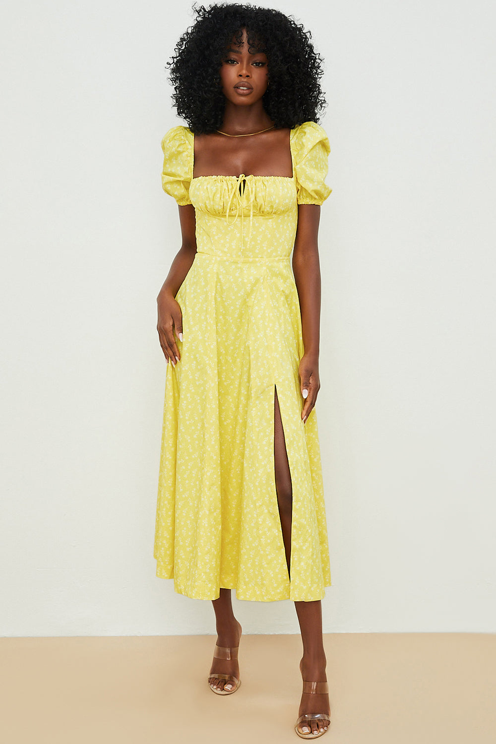 Midi sundress with floral puff sleeves