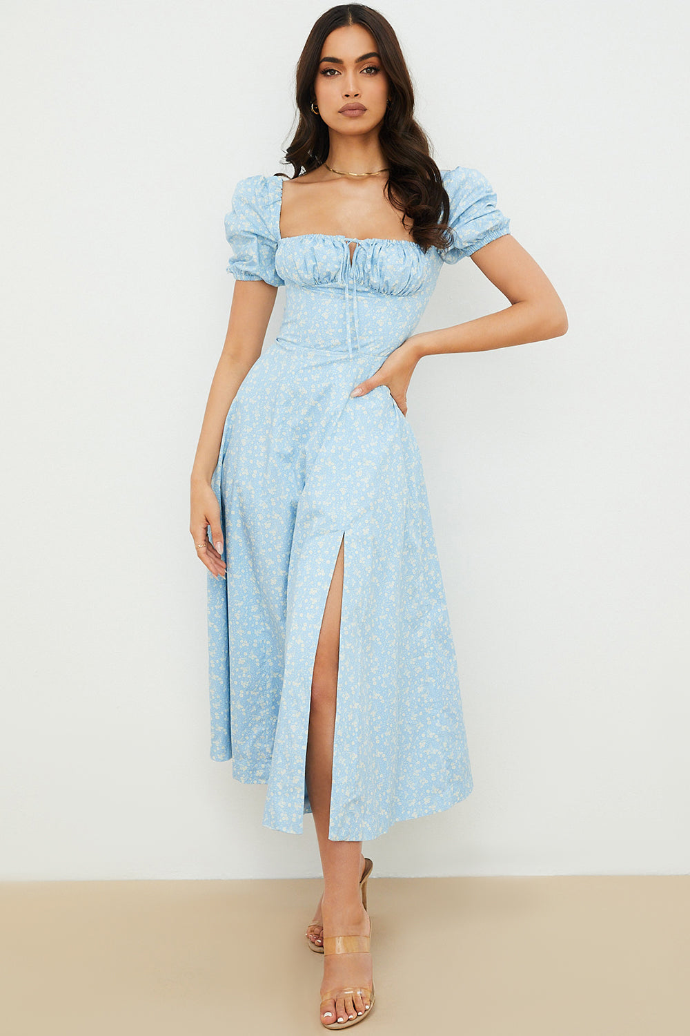Midi sundress with floral puff sleeves