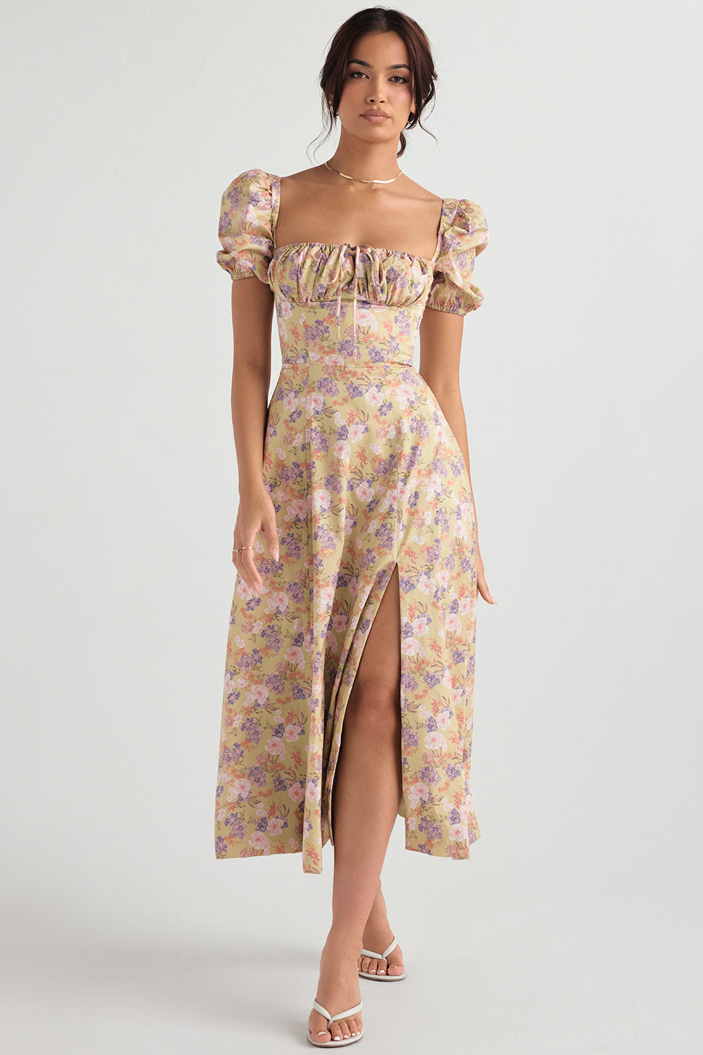 Midi sundress with floral puff sleeves