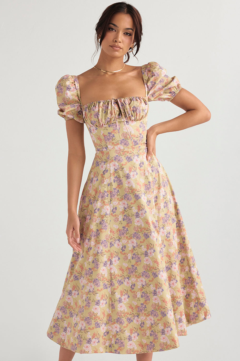 Midi sundress with floral puff sleeves