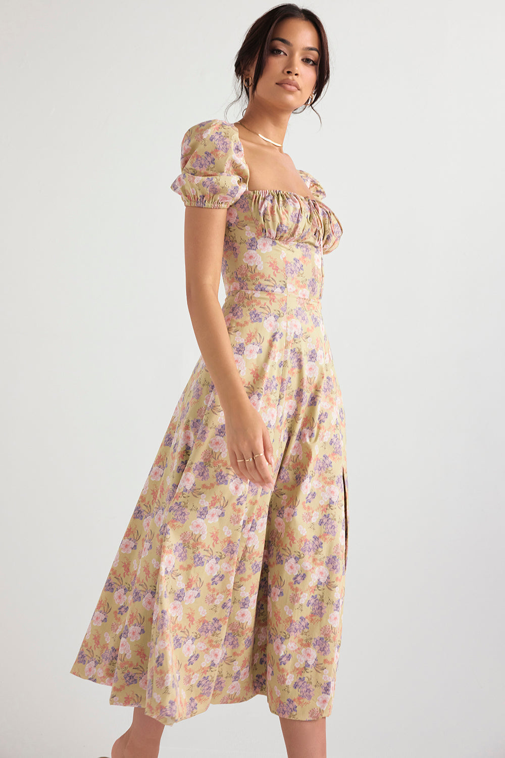 Midi sundress with floral puff sleeves