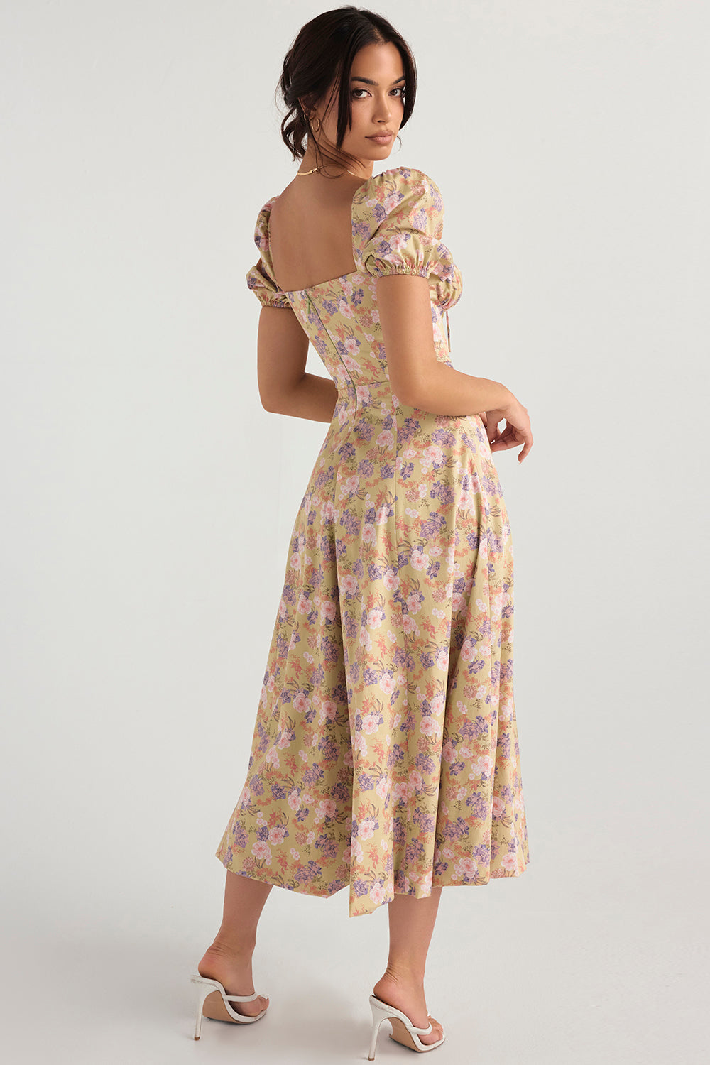 Midi sundress with floral puff sleeves