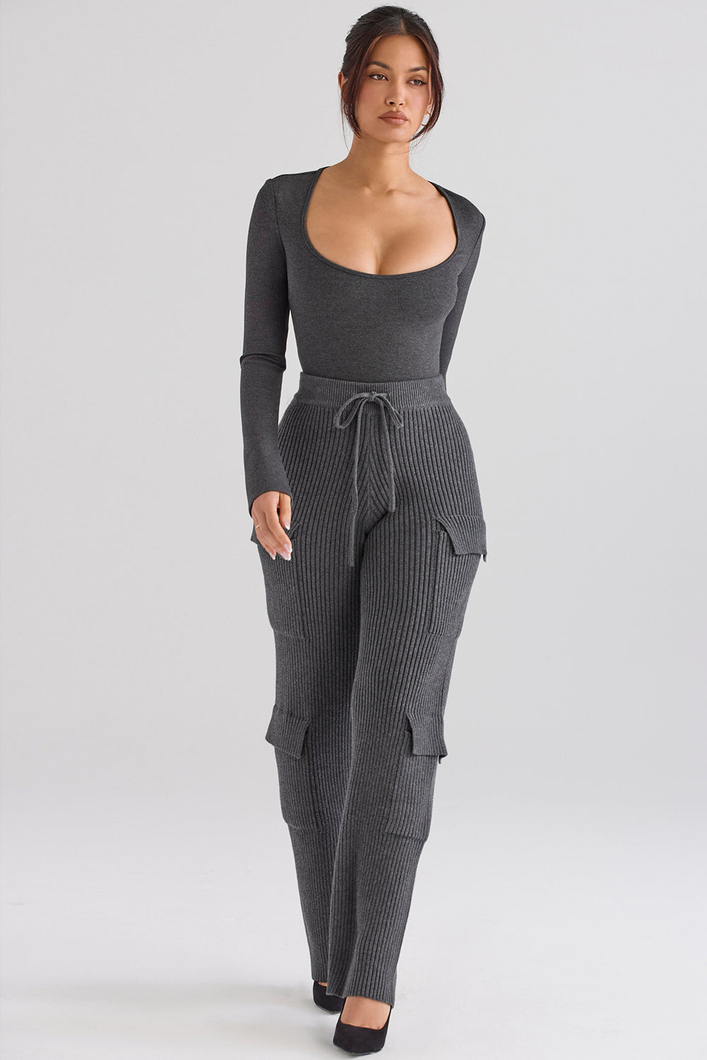 Dark gray bodysuit with anthracite ribbed cargo pants