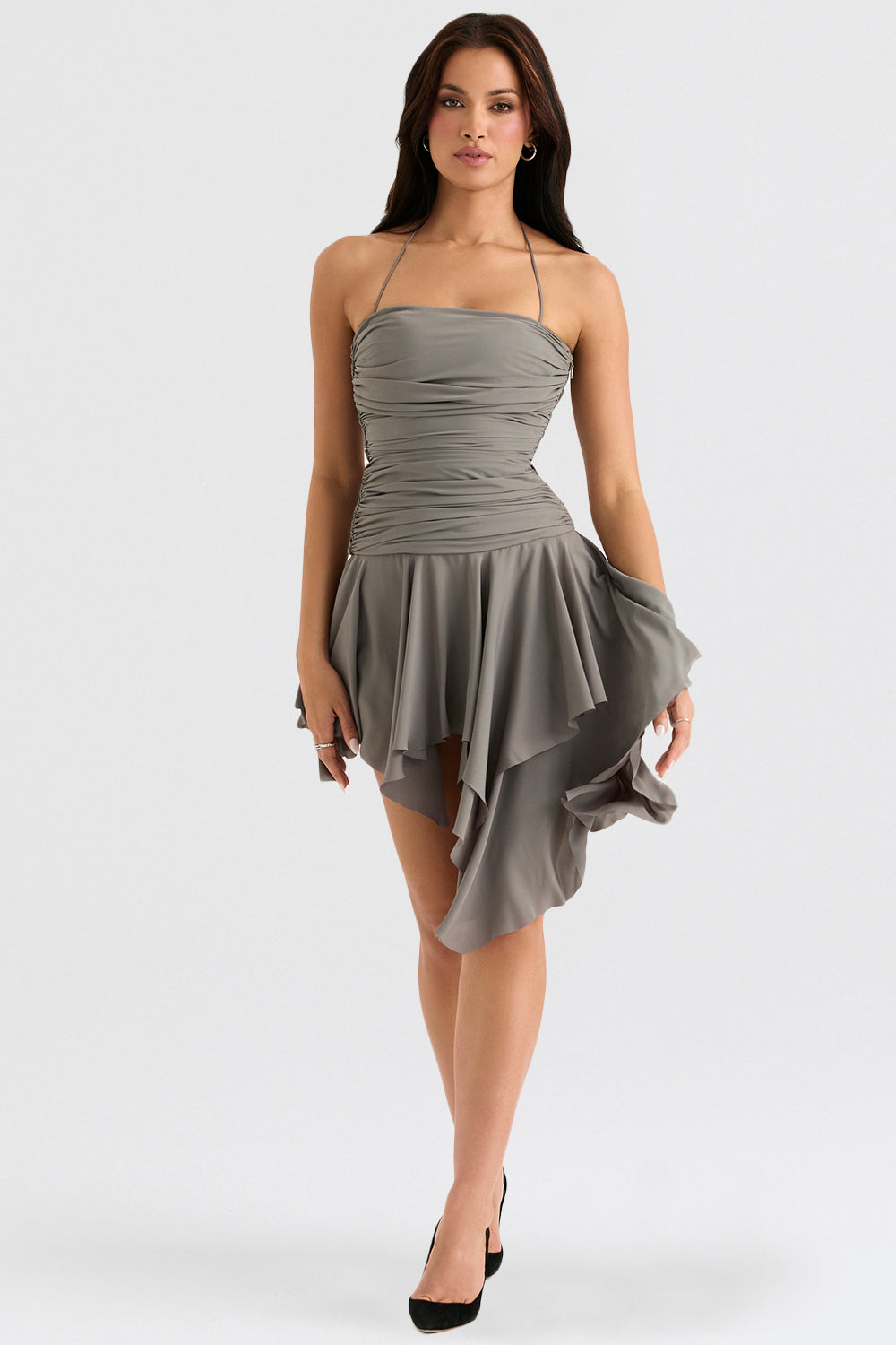Asymmetric dress with smoke pleats