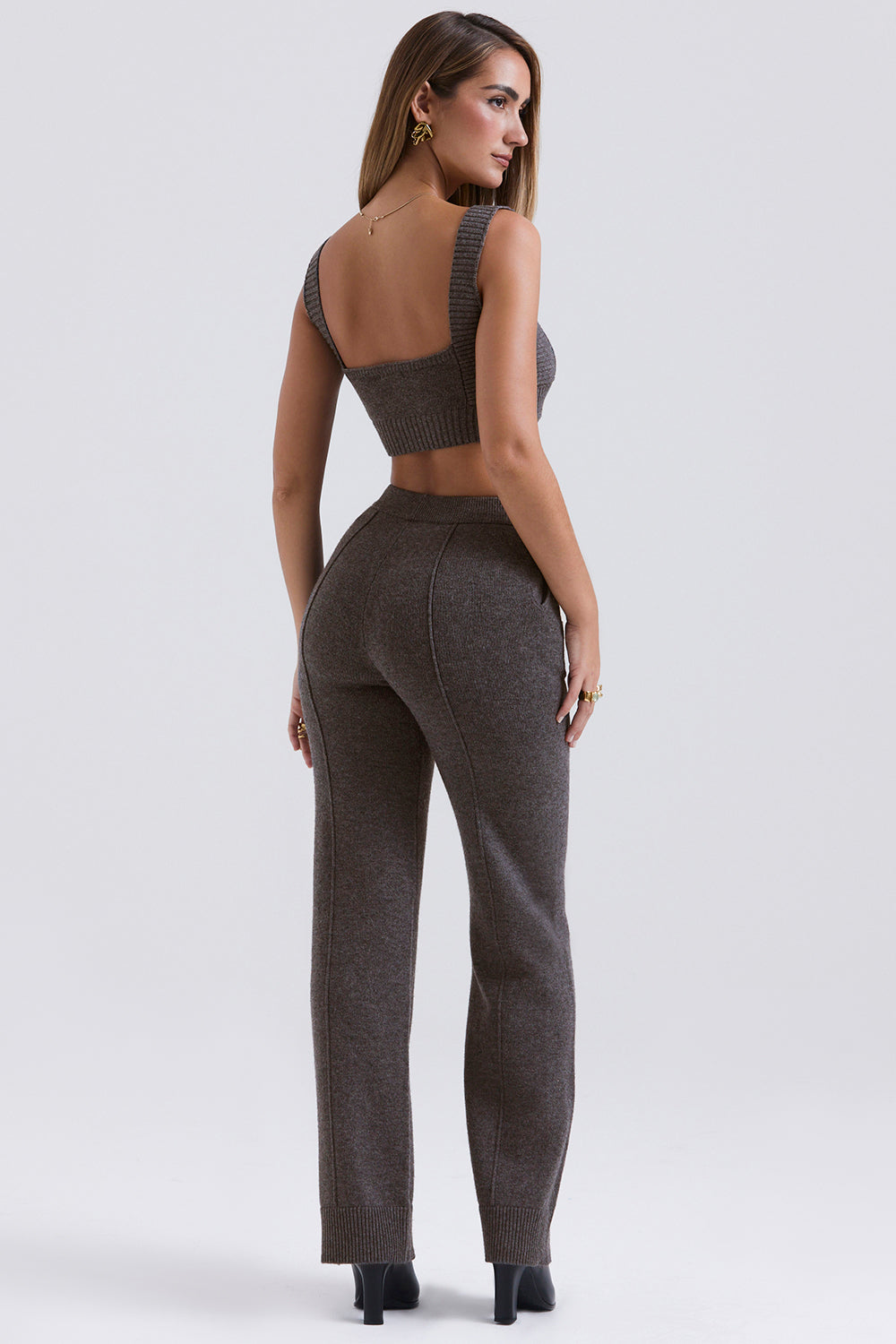 Anthracite-colored cashmere blend cardigan with belt, bralette and pants