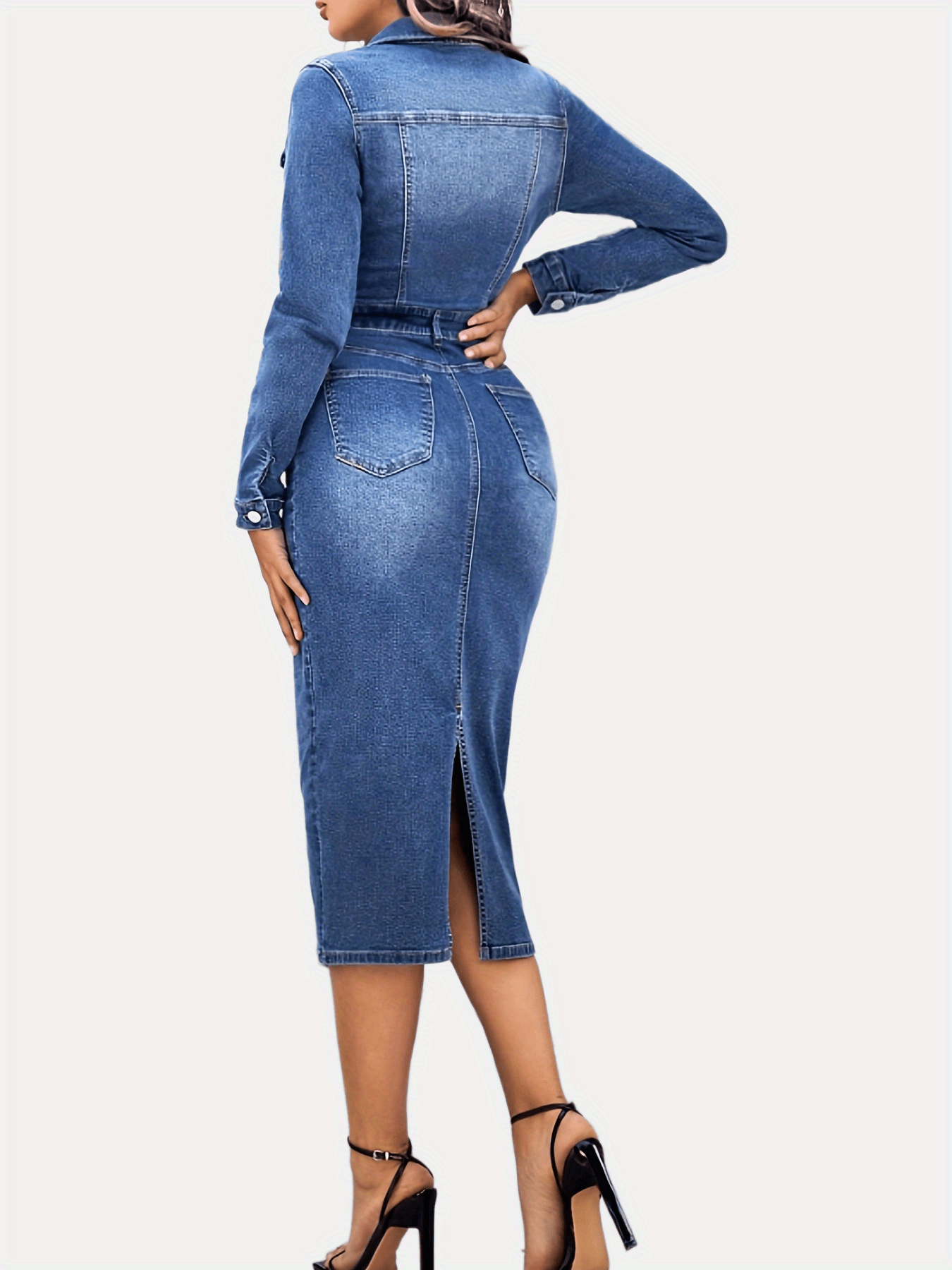 Blue denim dress with long sleeves