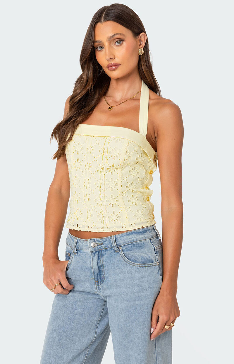 Side Button Eyelet Halter Yellow Top
