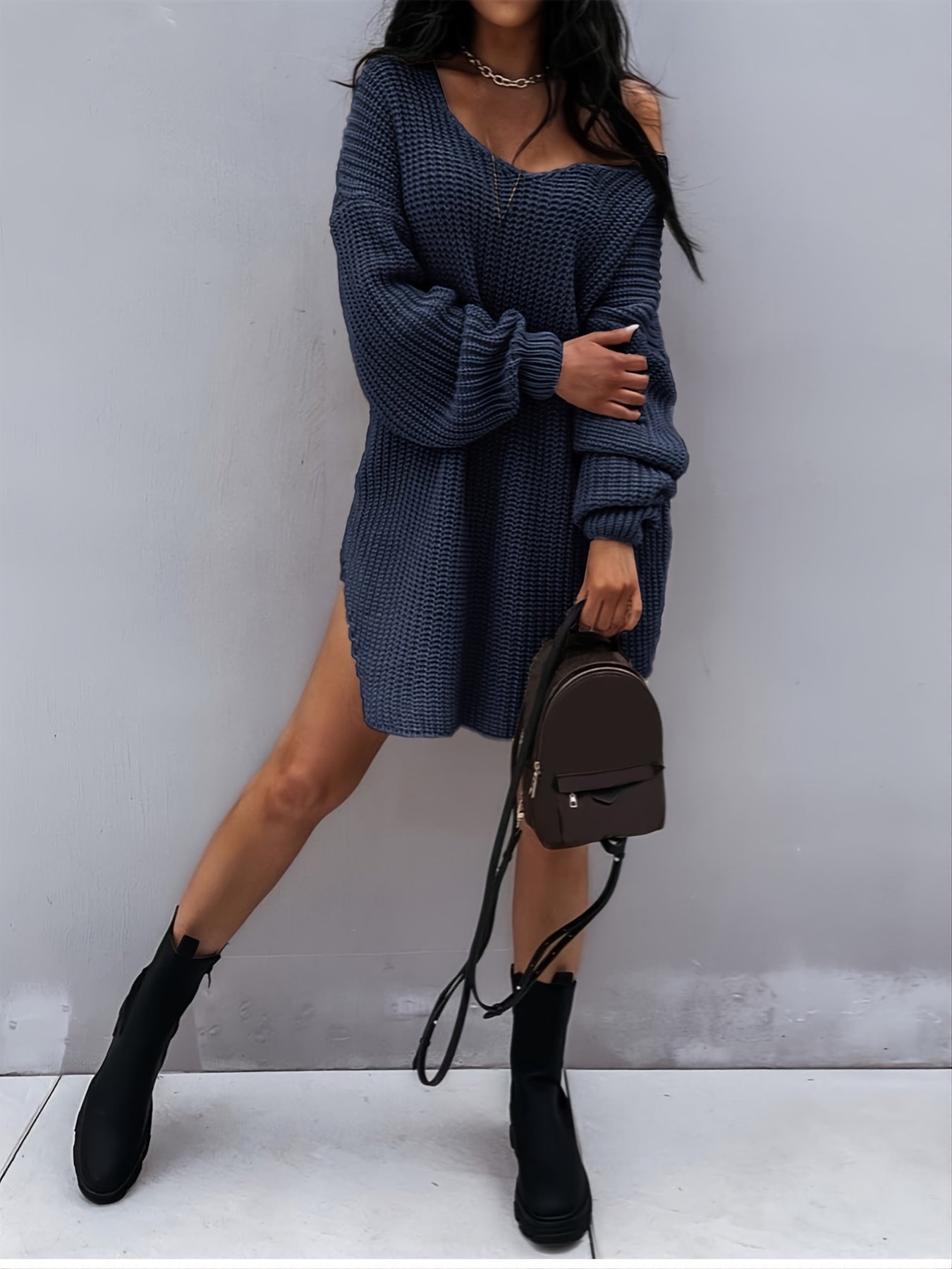 Knitted sweater with V-neck and lantern sleeves