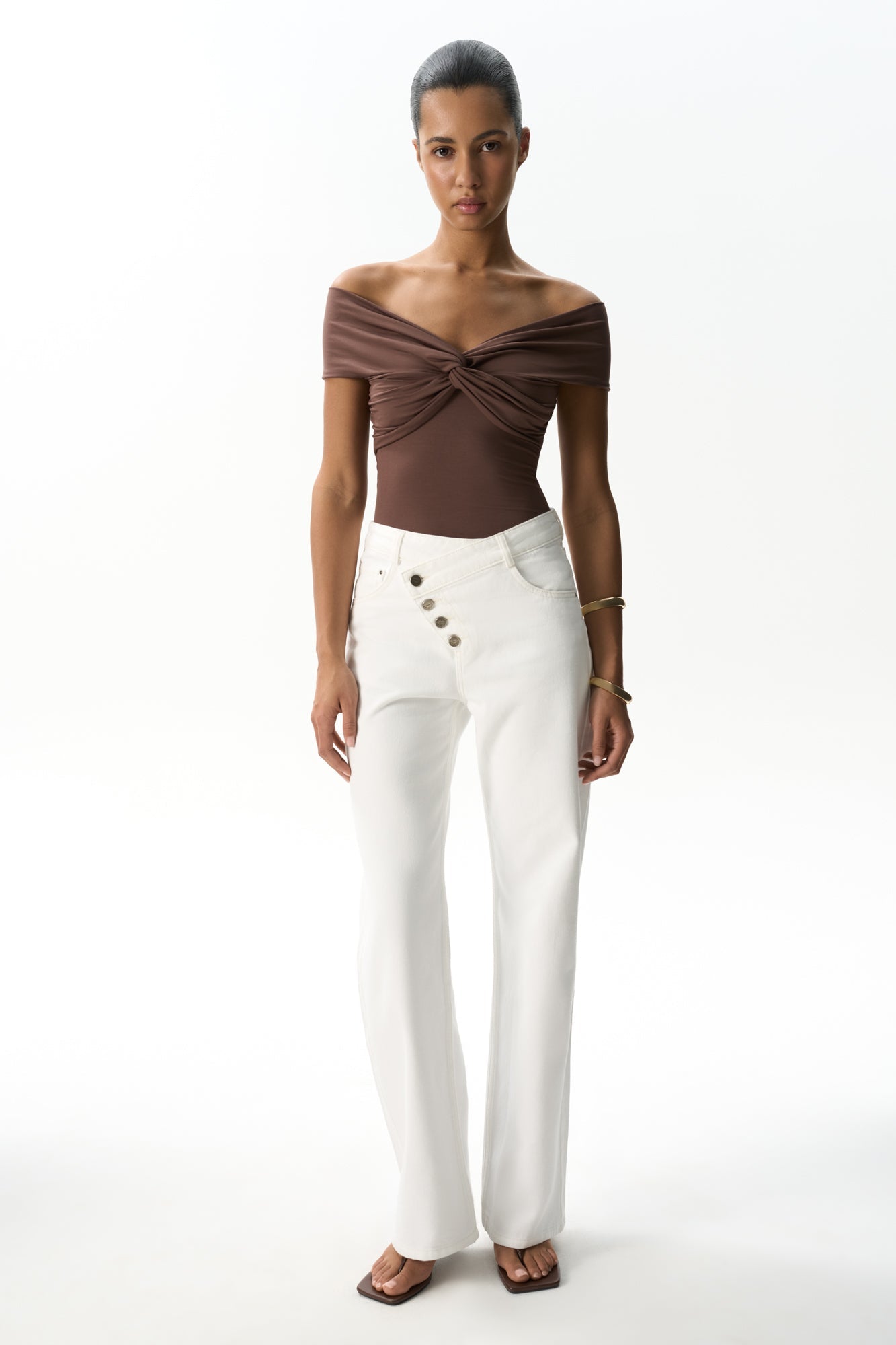 Pleated Off Shoulder Top With Twisted Knot