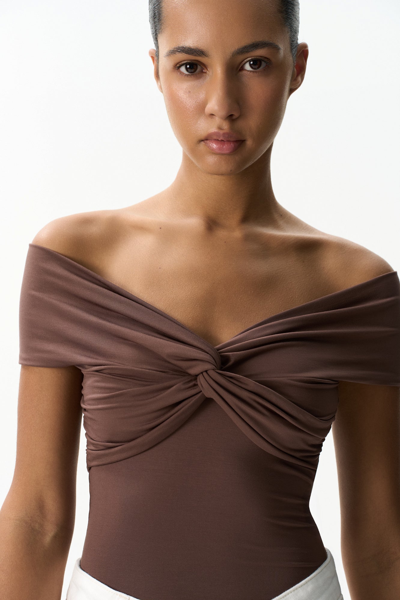 Pleated Off Shoulder Top With Twisted Knot