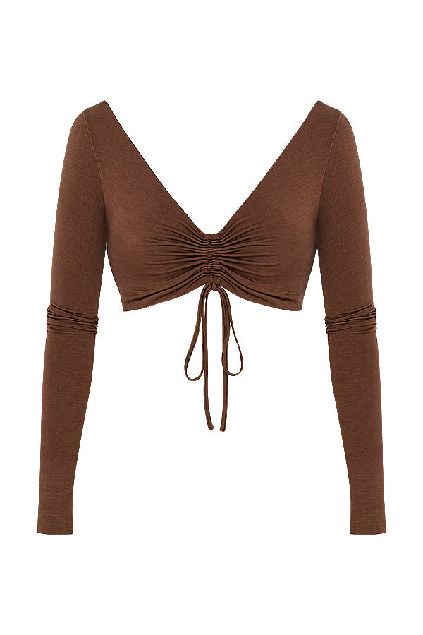 Chocolate gathered crop top with jersey maxi skirt with twist front