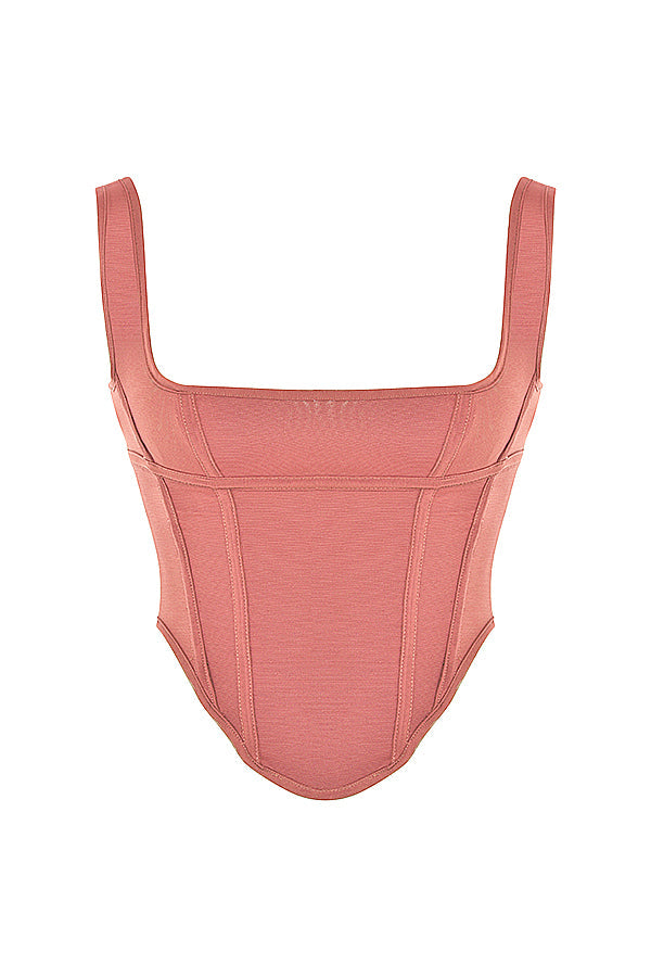 Mesh corset with satin midi skirt with low waist