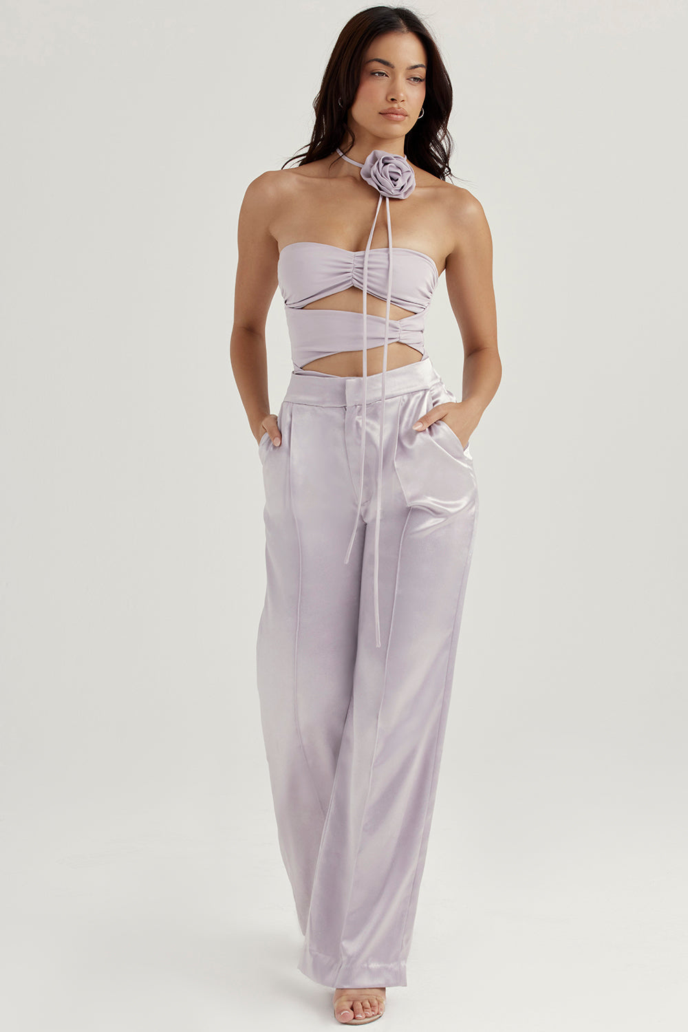 Gray body with floral trim and satin trousers