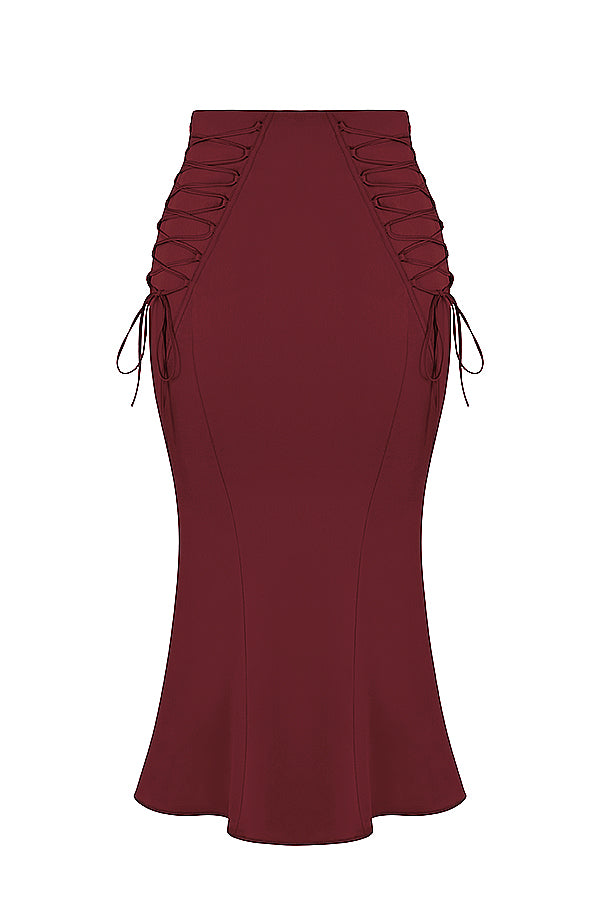 Satin corset with lace-up midi skirt