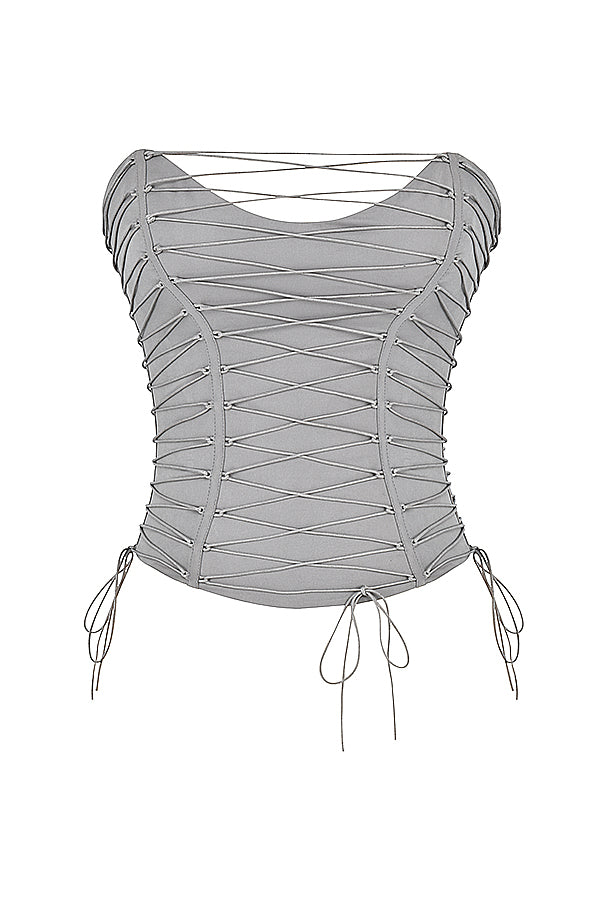 Smoke lace up corset with mocha vegan leather lace up pants