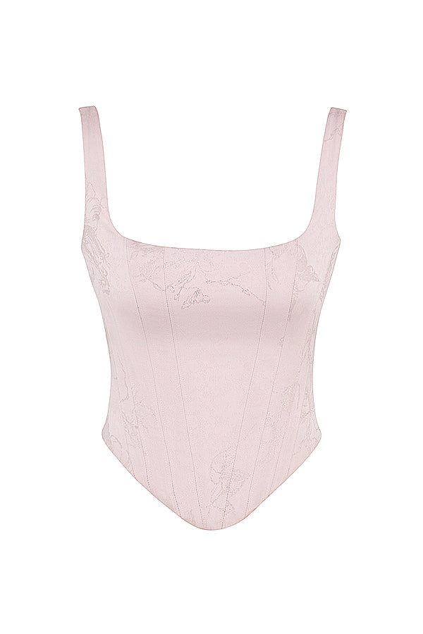 Pink floral satin longline corset with midi skirt