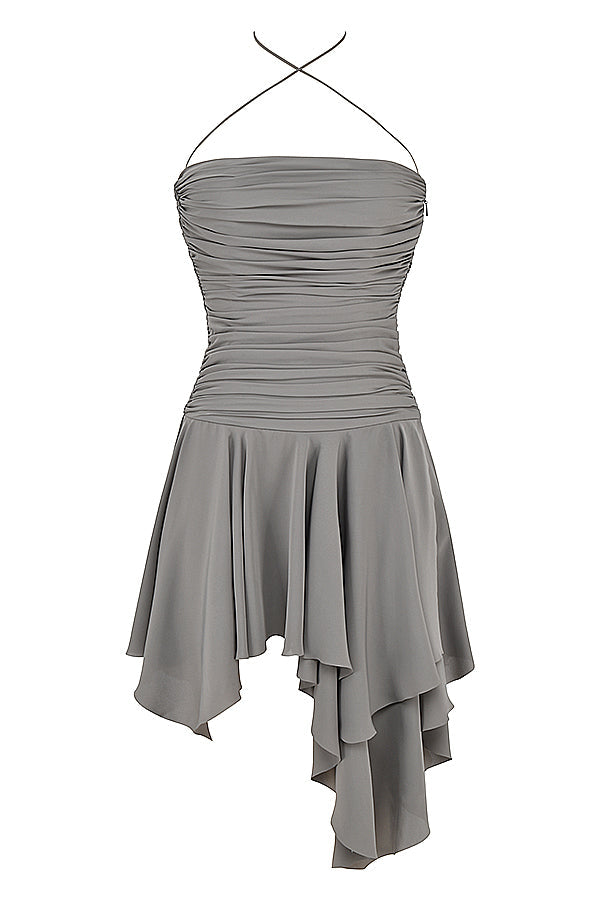 Asymmetric dress with smoke pleats