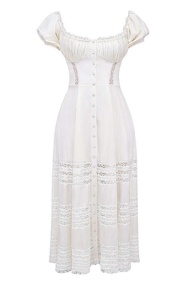 Ivory-colored dress made of real silk with puff sleeves