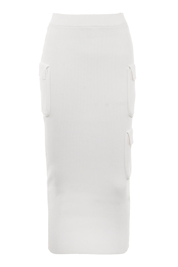 White ribbed sweater with balloon sleeves and cargo skirt
