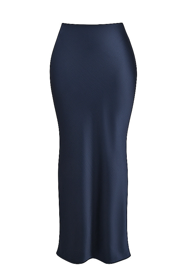 Navy blue corset with puff sleeves and satin maxi skirt with bias cut