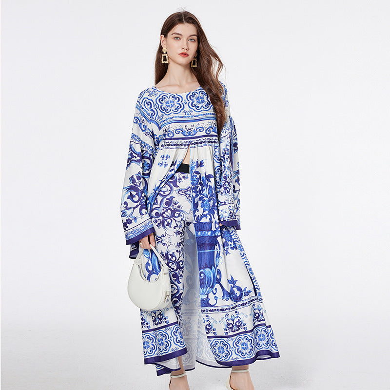 Porcelain Print Loose Maxi Dress With Leggings Set