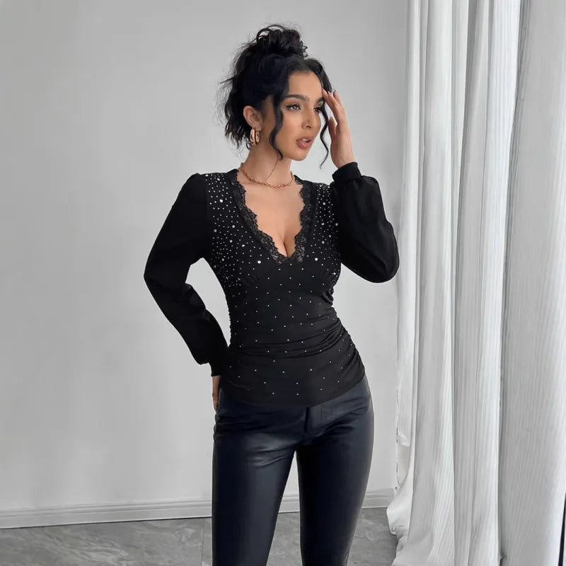 V Neck Blouse In Black WIth Diamonds
