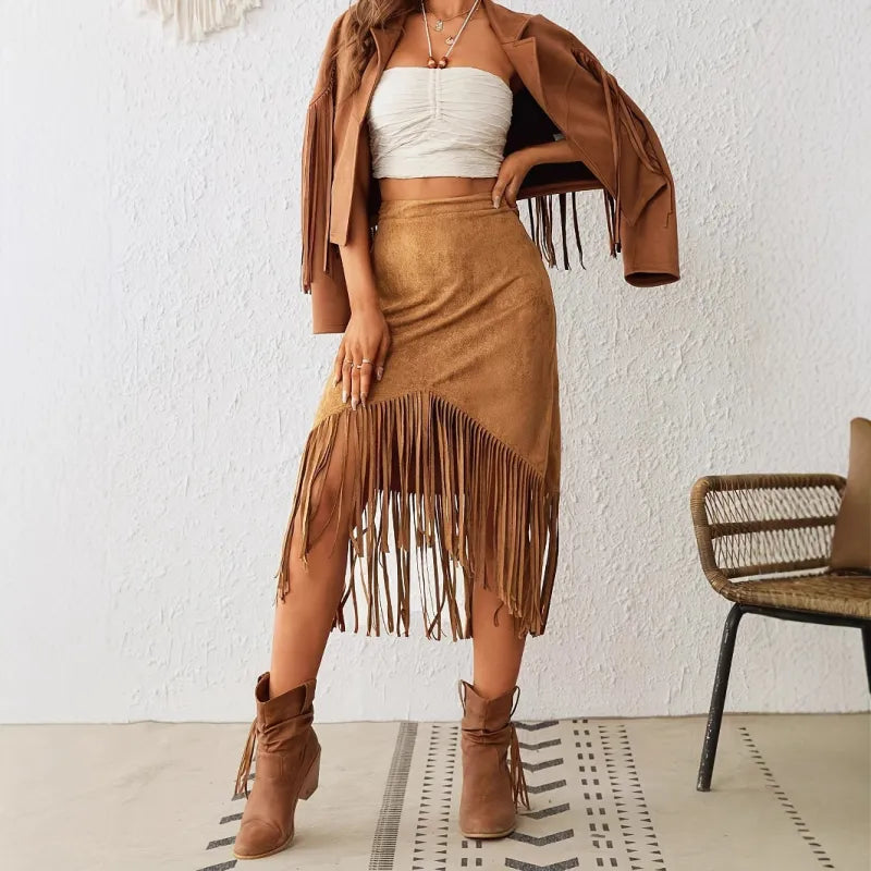 High Waisted Western Skirt In Brown