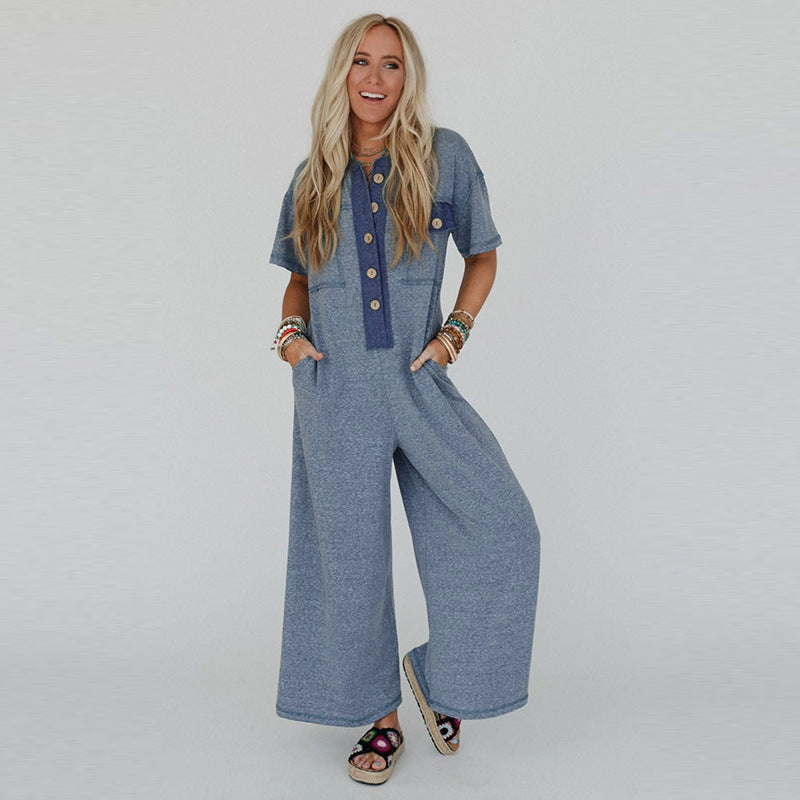 Short Sleeve Buttoned Up Jumpsuit
