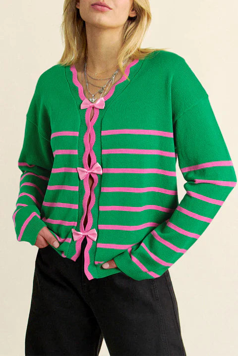 Knitted Cardigan In Green WIth Pink Stripes