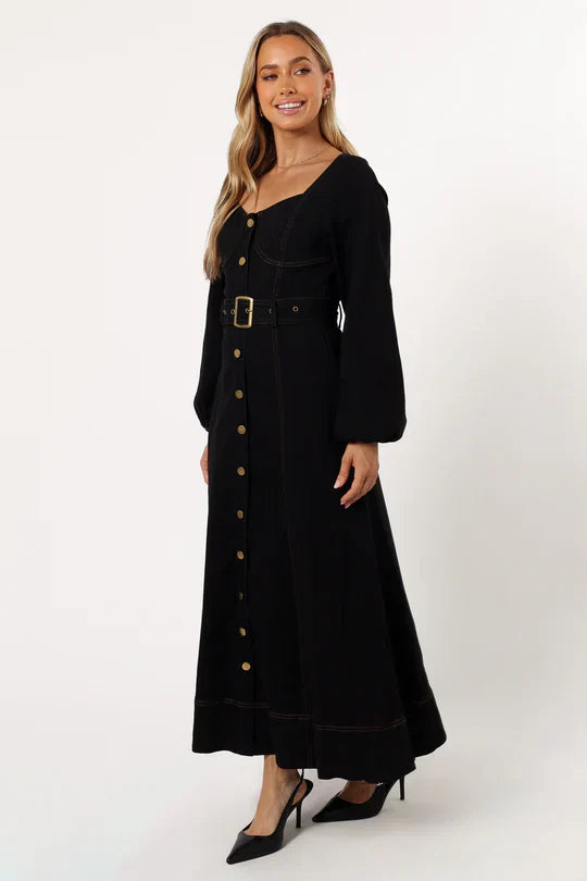 Long Sleeve Denim Maxi Dress In Black