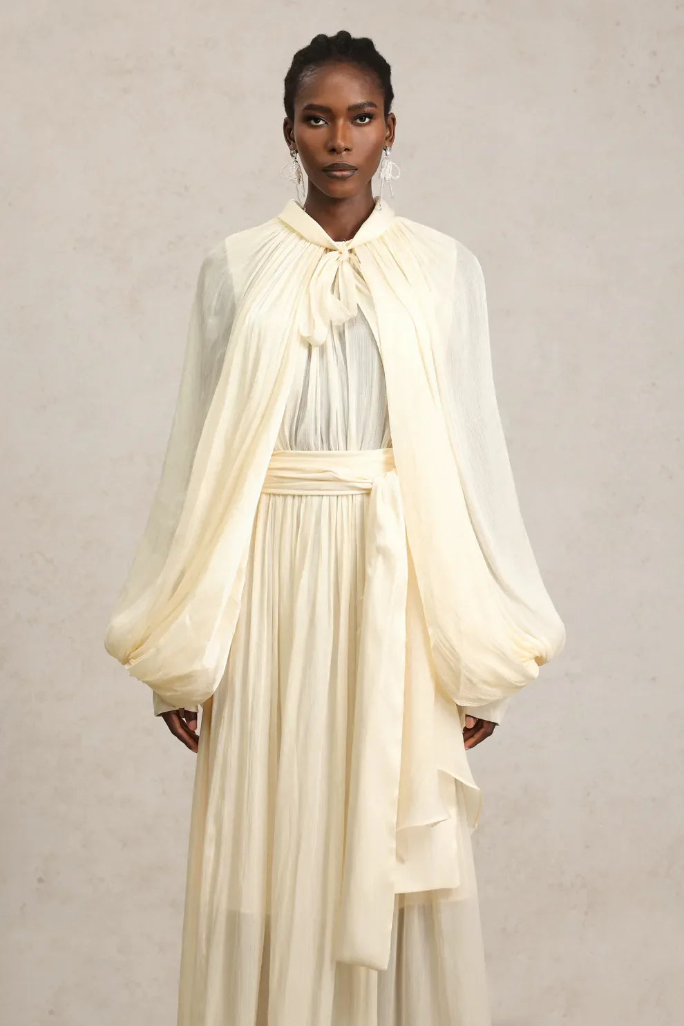 Long Sleeves Streamer Bowknot Beige Maxi Dress