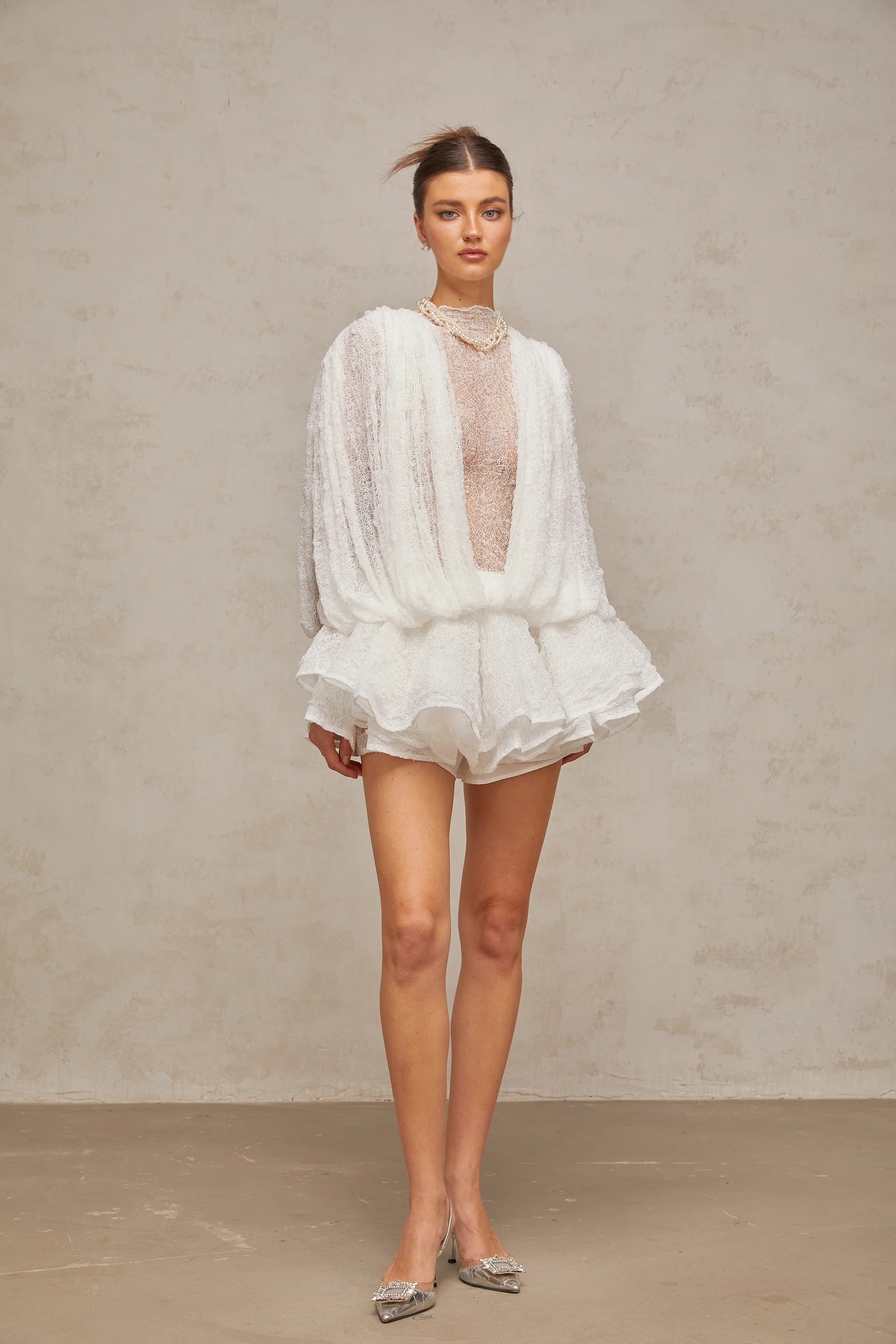Long Sleeve Ruffled Lace White Mini Dress