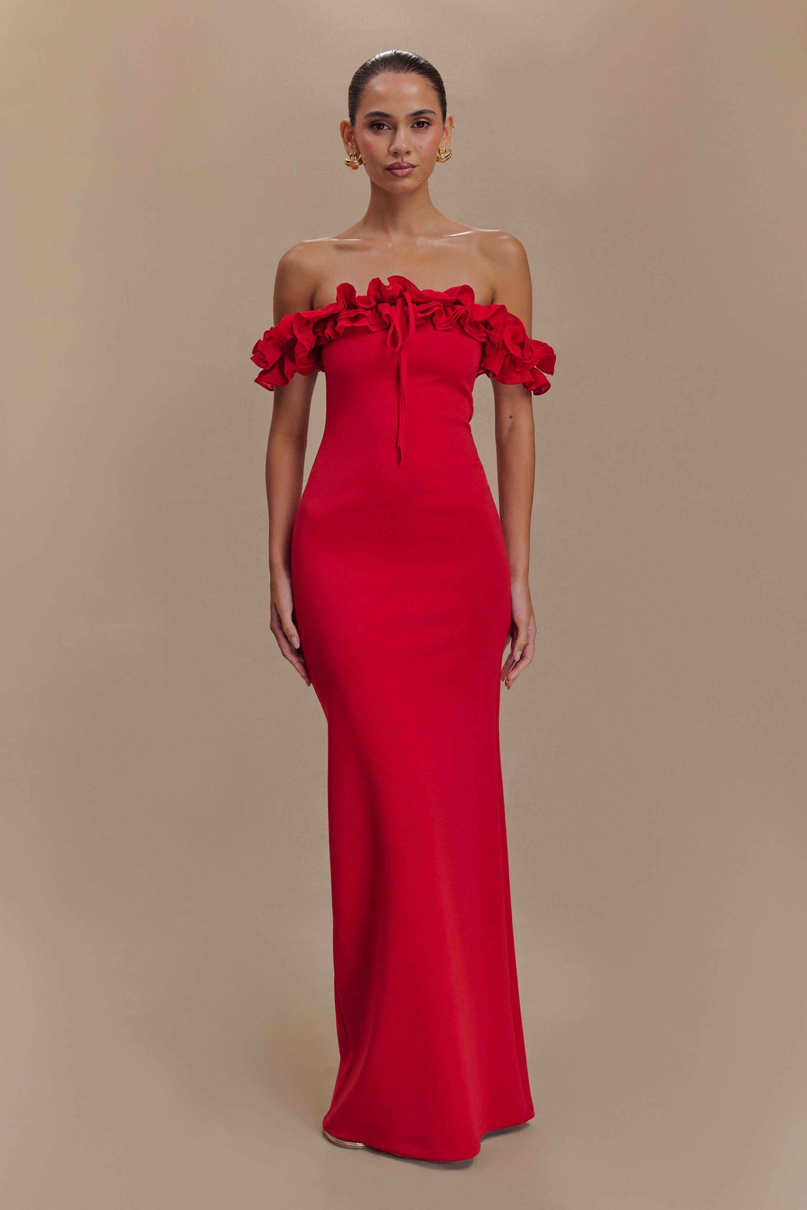 Ruffled Off-shoulder Red Maxi Dress
