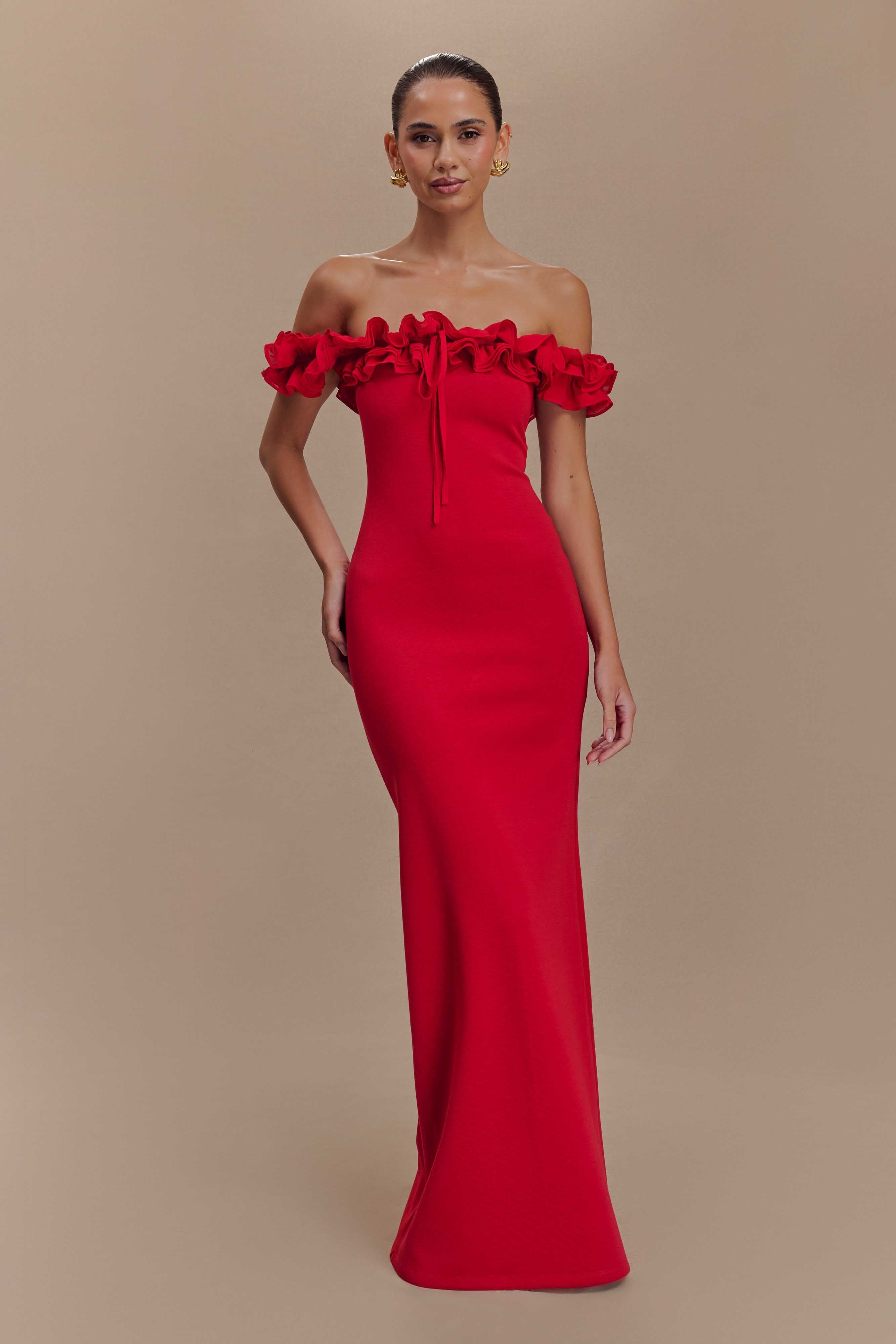 Ruffled Off-shoulder Red Maxi Dress