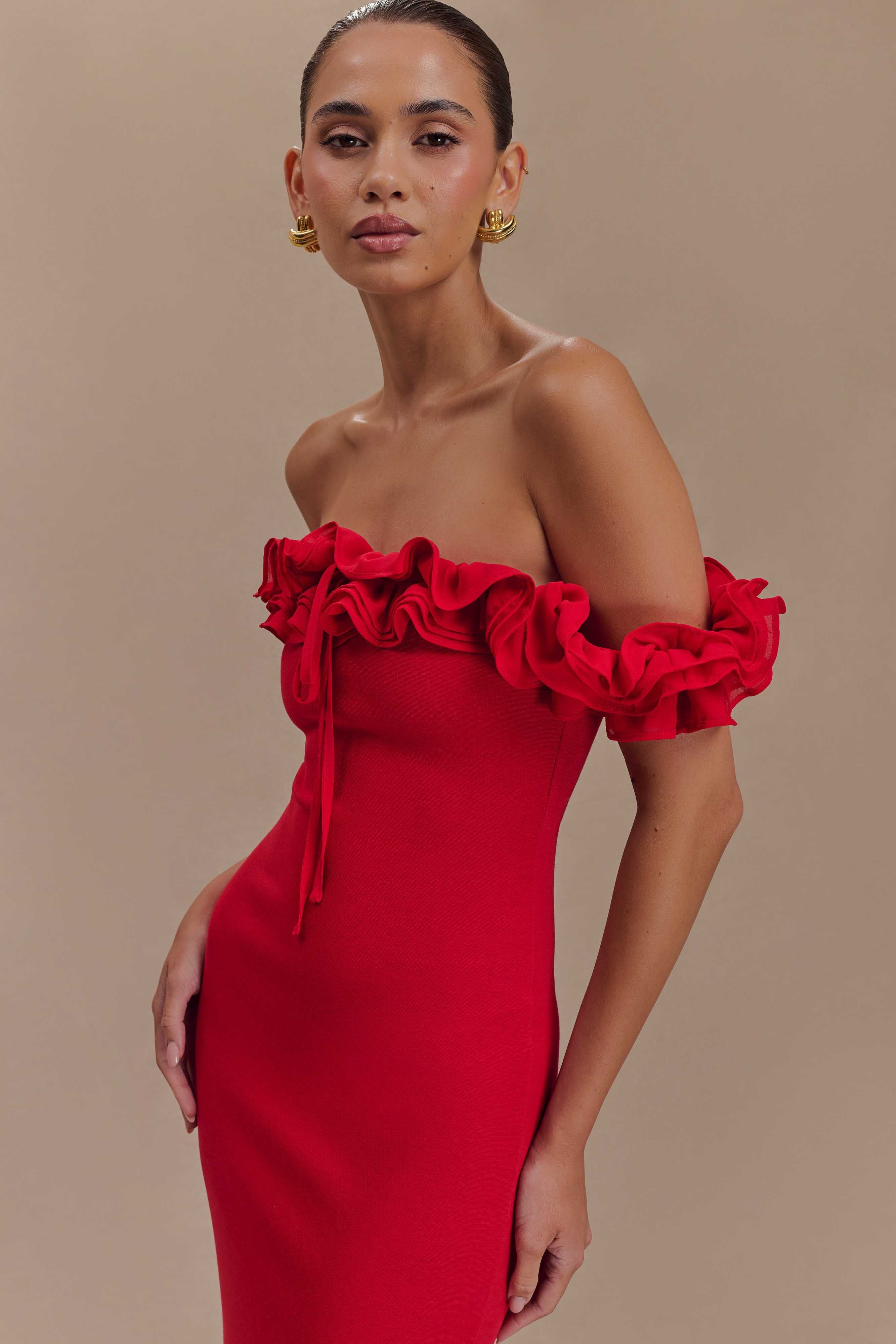 Ruffled Off-shoulder Red Maxi Dress
