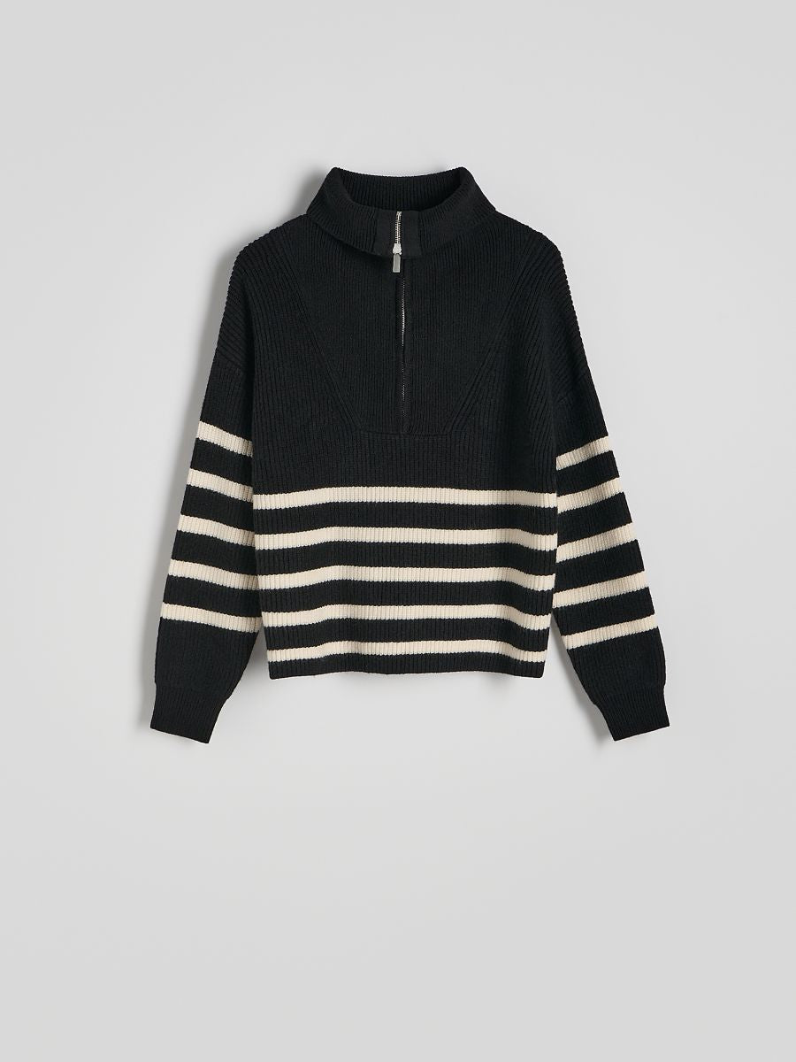 Zipped Turtle-neck Striped Sweater