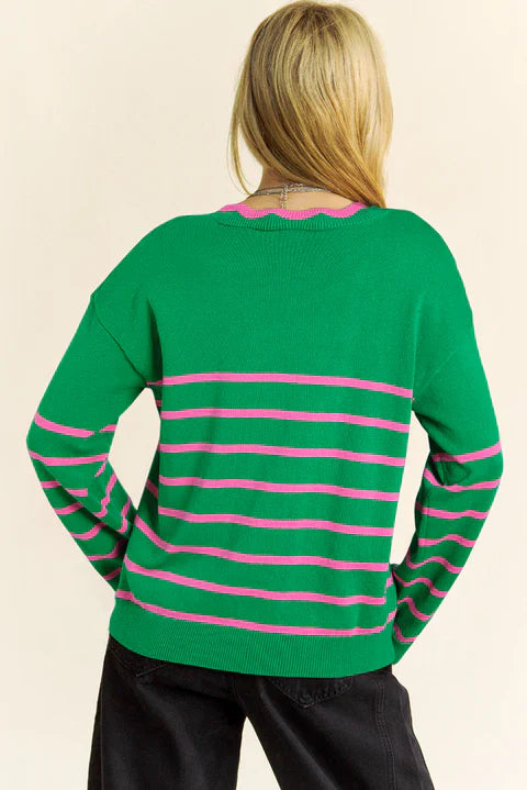 Knitted Cardigan In Green WIth Pink Stripes