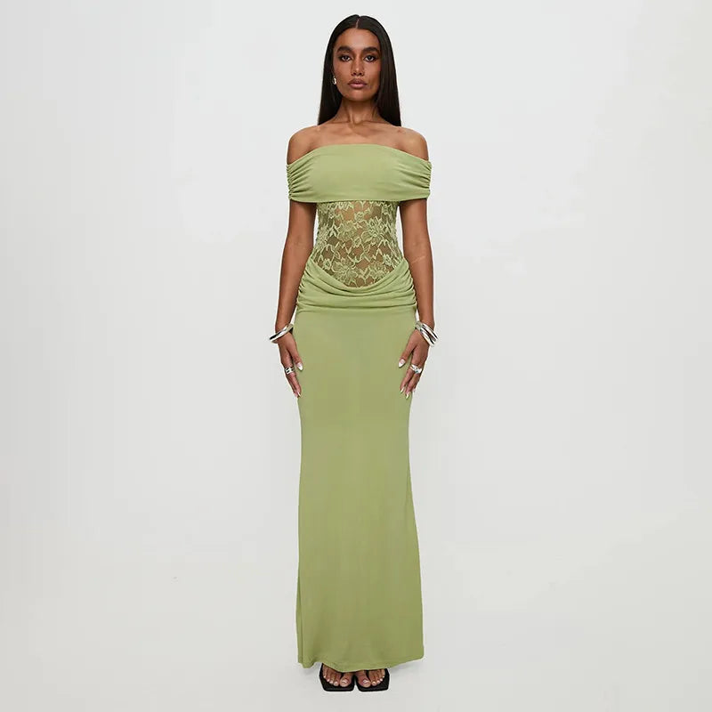 Off Shoulder Slim Maxi Dress With Lace Detail In Green