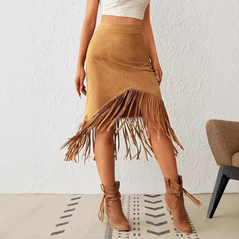High Waisted Western Skirt In Brown