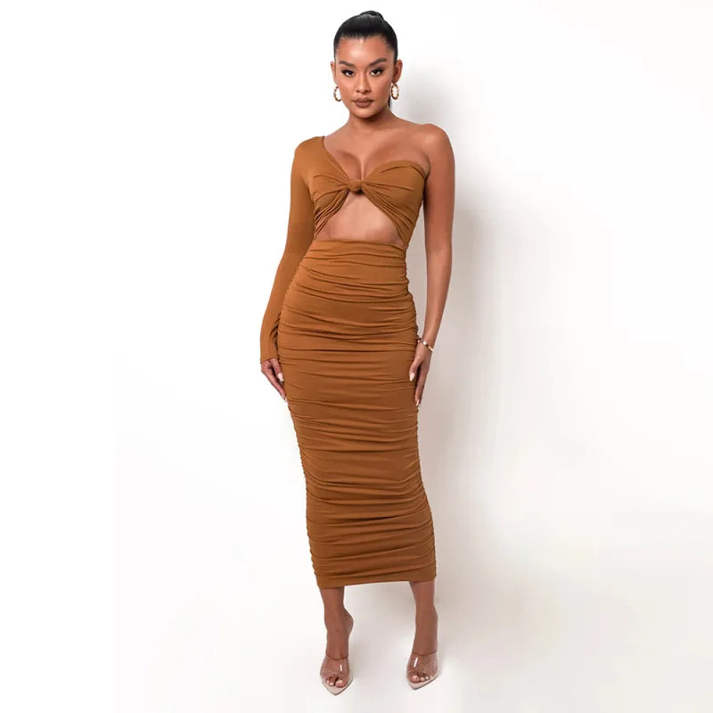 Slim One Shoulkder Maxi Dress In Brown