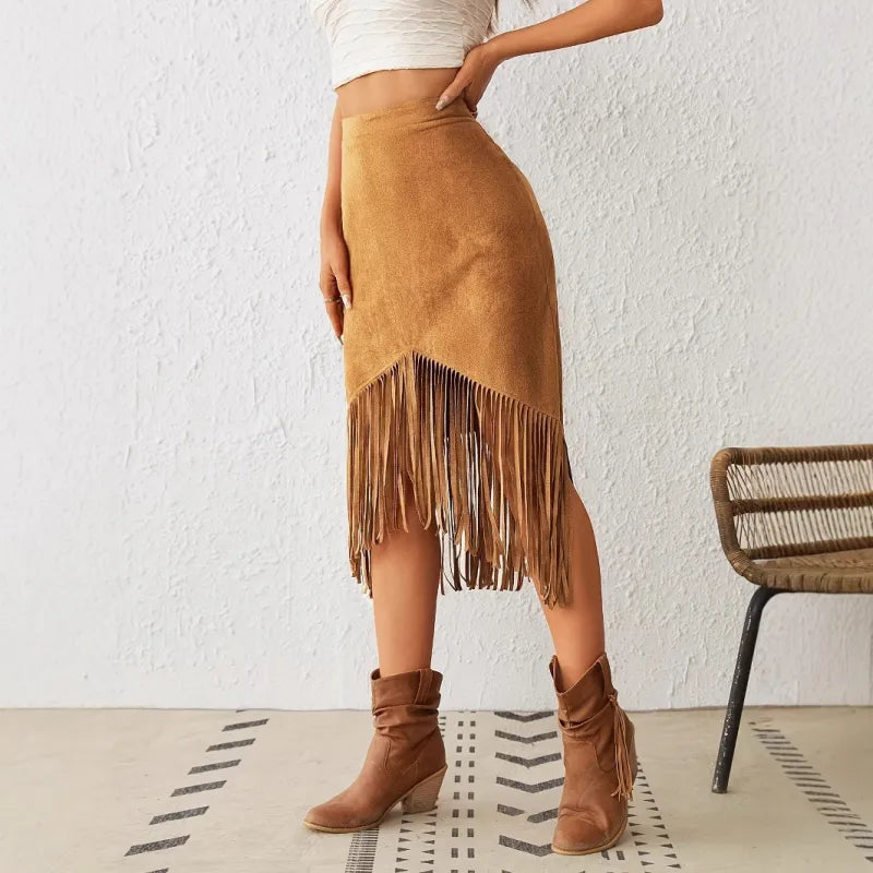 High Waisted Western Skirt In Brown